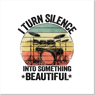 I Turn Silence Funny Drummer Gift Drums Vintage Metal Posters and Art